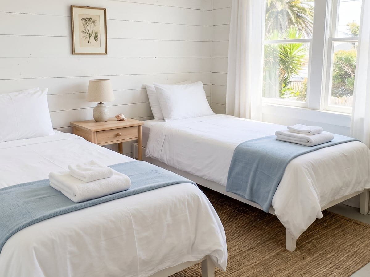 Two twin beds made up in white after Airbnb cleaning in a San Diego guest room, folded towels on the blue throws and a seashell on the nightstand between them.