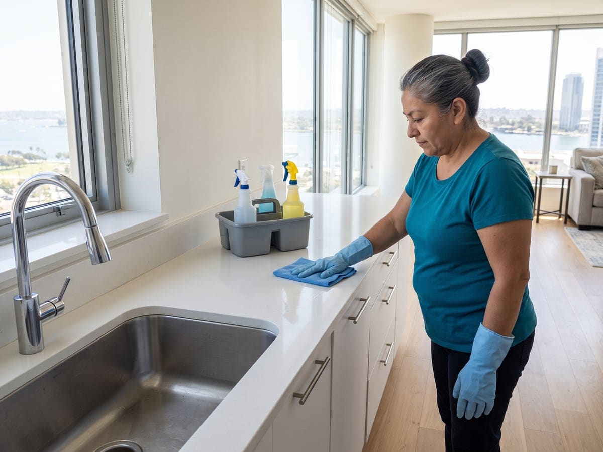 Apartment cleaning service in a San Diego high-rise: a cleaner wipes the white counter by the kitchen sink with a blue cloth, the bay showing through the tall windows.