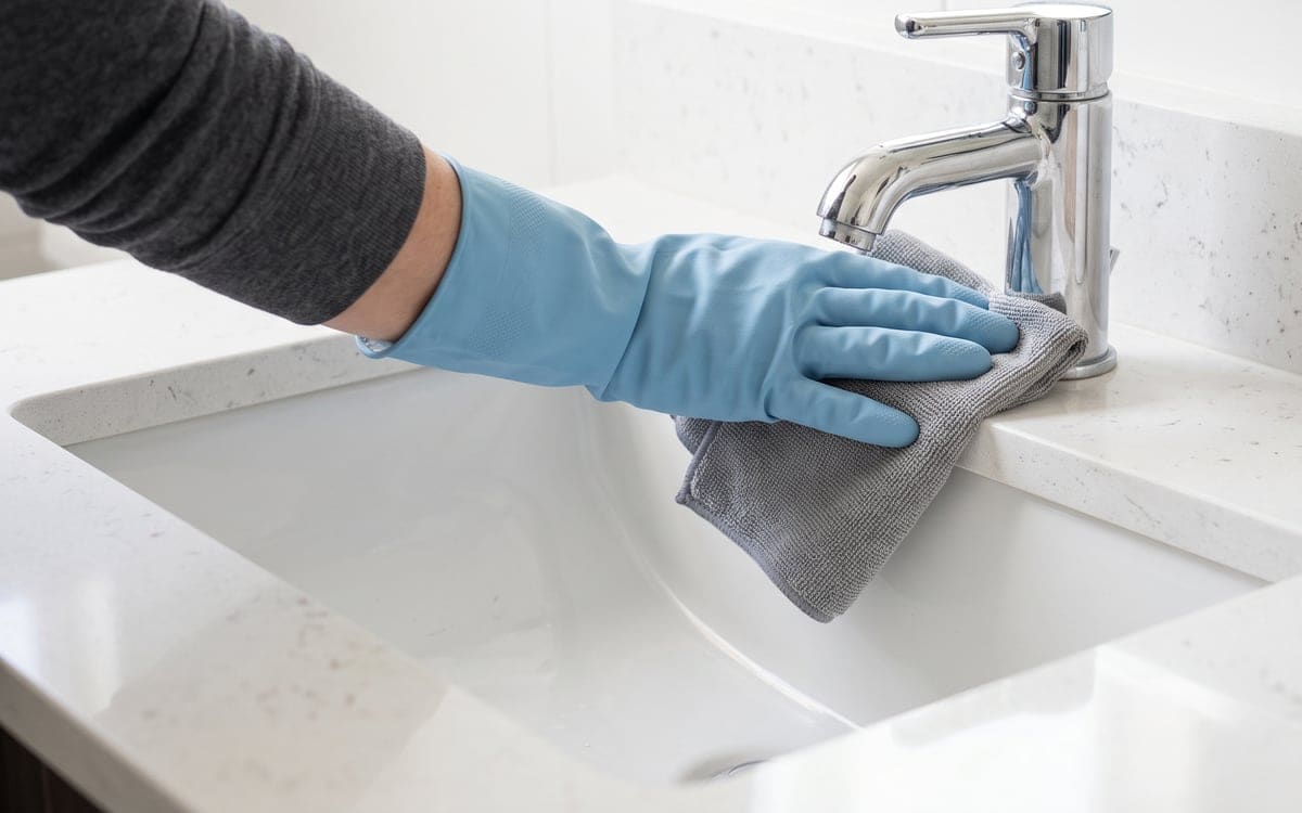 On a maid service visit, a gloved hand wipes around the base of a chrome faucet with a gray microfiber cloth, the white quartz vanity and basin dry.