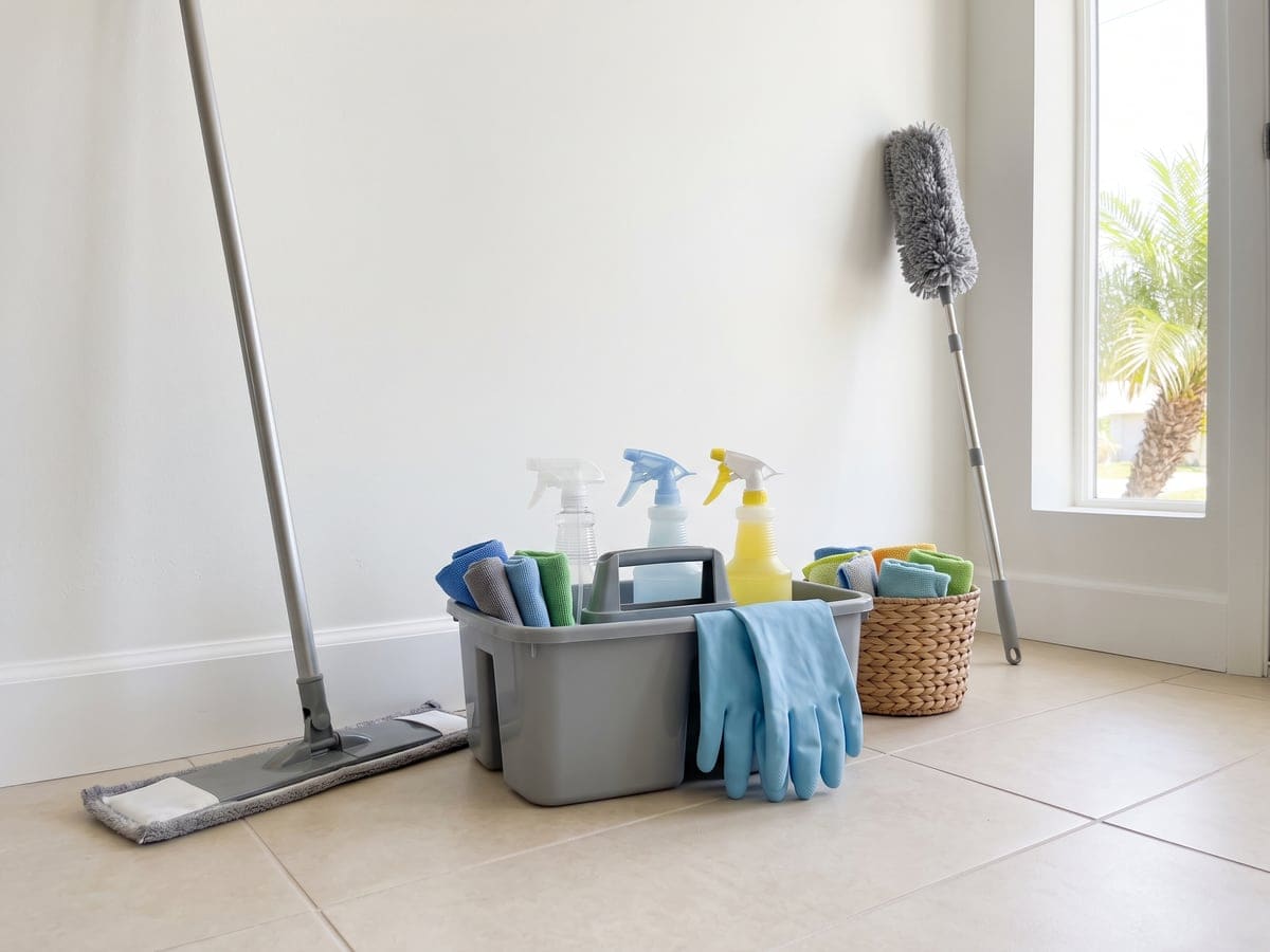 Cleaning services gear lined up on the tile floor of a San Diego home: a flat mop, a caddy of spray bottles and rolled cloths with blue gloves over its side, a basket of microfiber cloths and a duster leaning by the window.