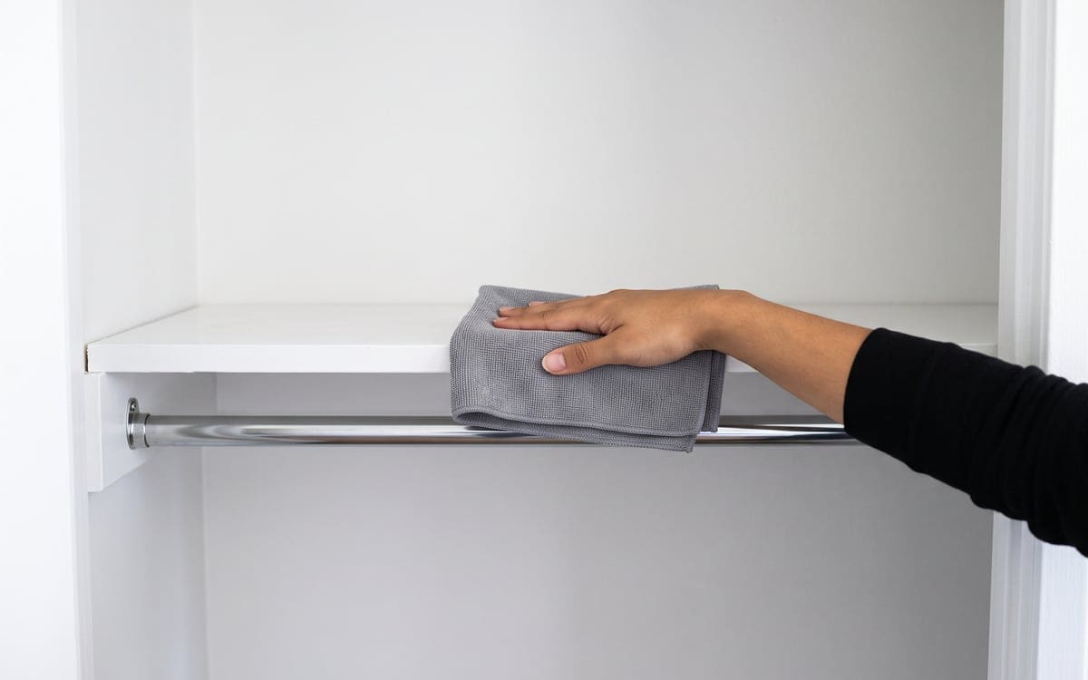 A hand presses a gray cloth along the white shelf of a bare closet during move out cleaning, the chrome hanging rod empty below.