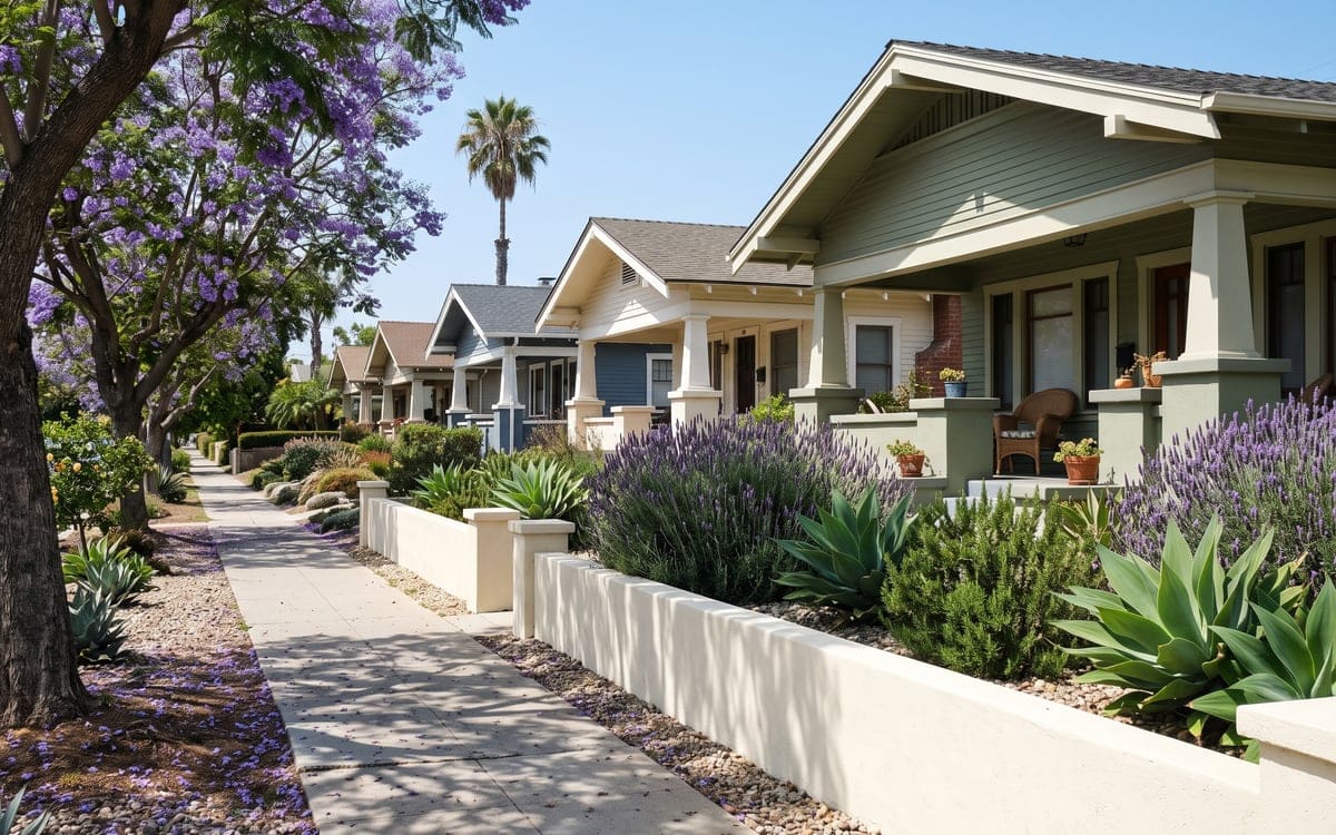 A sunny sidewalk past a row of Craftsman bungalows with deep front porches, a jacaranda dropping purple blossoms on the gravel.
