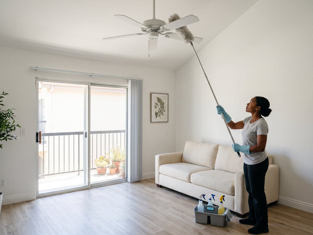 Deep cleaning service in a San Diego living room, where a cleaner reaches an extendable duster up to the ceiling fan blades while her caddy of spray bottles waits by the cream sofa.