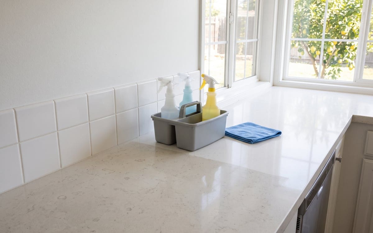 A San Diego kitchen counter partway through a deep cleaning, the far end wiped to a soft shine by a caddy of spray bottles and a folded blue cloth, the near end still dull with dust and water spots.