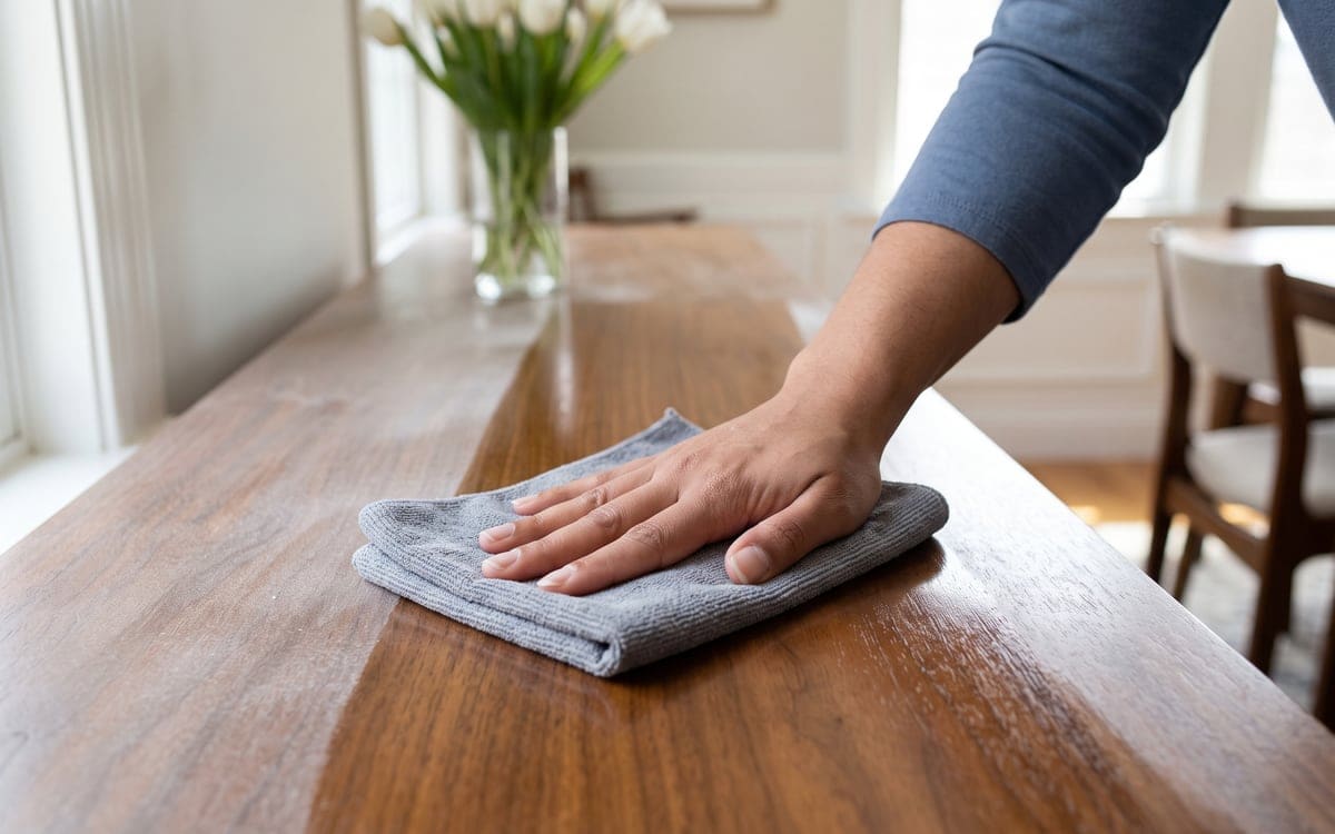 Dusting a walnut sideboard during weekly cleaning service leaves a glossy stripe behind the folded gray cloth, with white tulips in a glass vase at the far end.