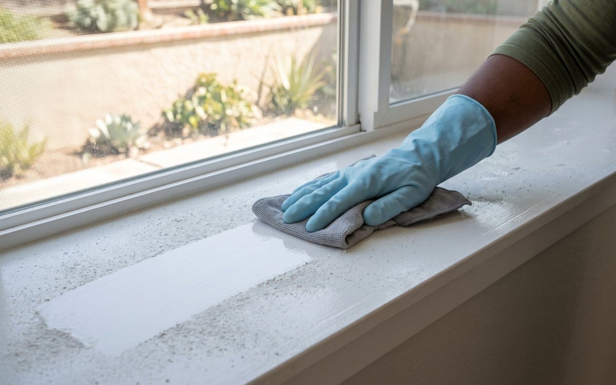 A gloved hand wipes a clean stripe through fine dust on a white window sill during post construction cleaning, succulents in the yard past the screen.