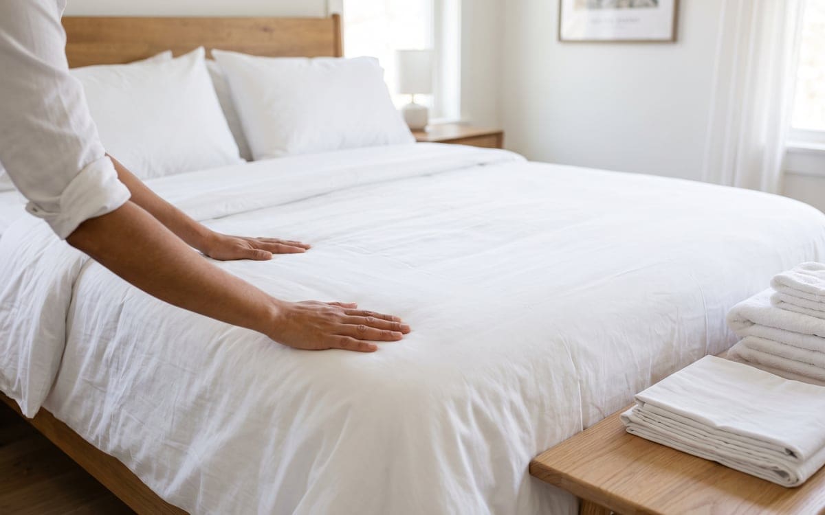 Bare hands smooth a white duvet across a freshly made bed during Airbnb cleaning, folded towels and spare sheets stacked on the wood bench at its foot.