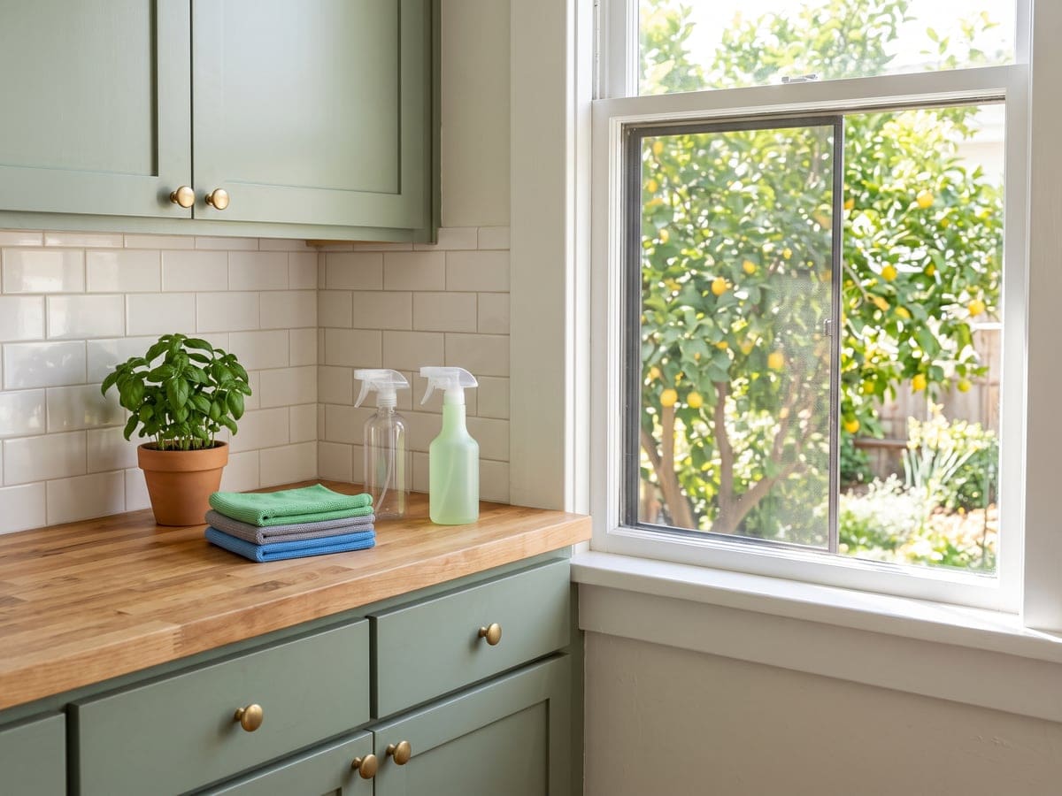 Green cleaning service supplies on a San Diego kitchen counter: three folded microfiber cloths and two plain spray bottles on butcher block beside a pot of basil, with a lemon tree past the open window.