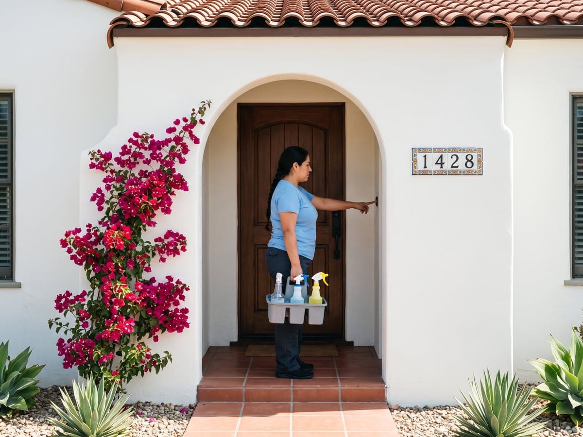 A cleaner from a San Diego house cleaning company reaches for the doorbell at the arched entry of a Spanish revival house, caddy in hand and bougainvillea climbing the white stucco.