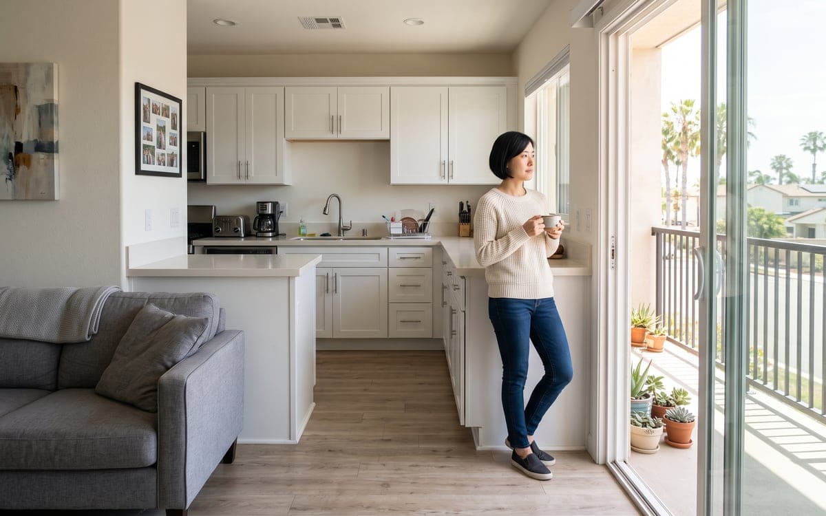 A resident with a mug leans on the kitchen counter of a bright San Diego condo and looks out the open balcony door, a gray sofa and clean white cabinets behind her.