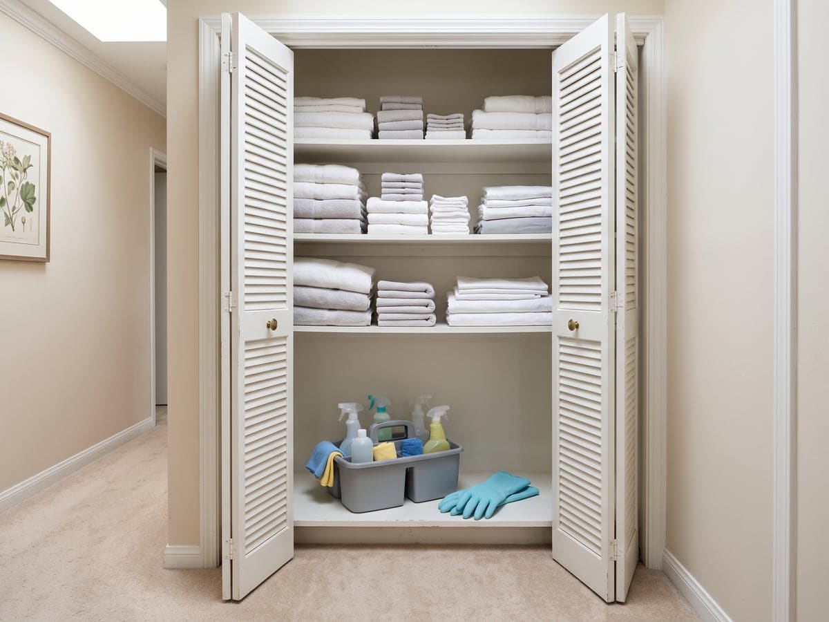 An open linen closet in a San Diego hallway, louvered doors folded back on stacked white and gray towels, with a caddy of house cleaning supplies and blue gloves on the bottom shelf.