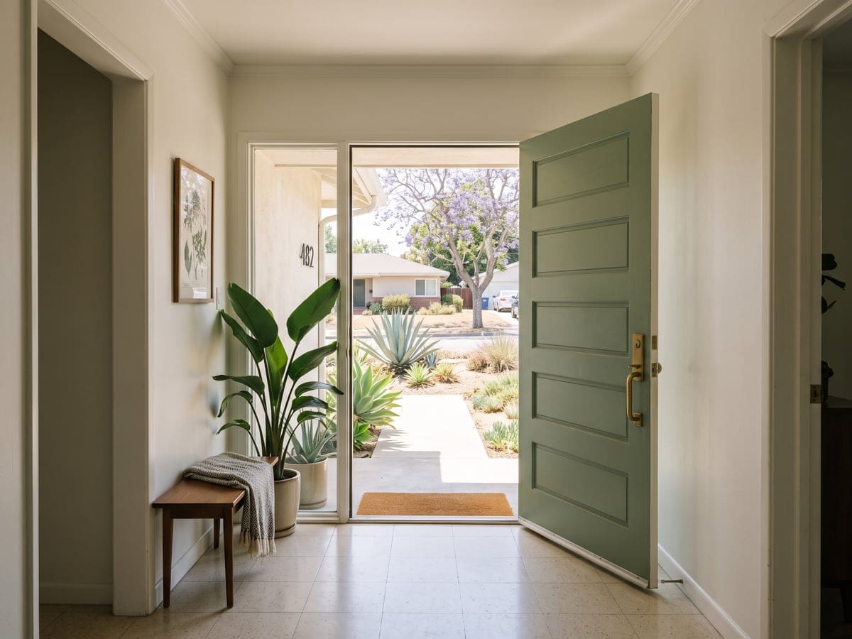 The front hall of a San Diego ranch house, its sage green door open to a sunny walk and the number 482 on the wall beside the entry.