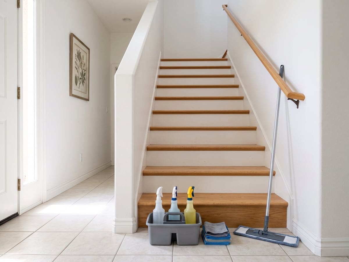 House cleaning supplies at the foot of a bright staircase in a San Diego home: a caddy of spray bottles, folded cloths and a flat mop on the white tile floor.