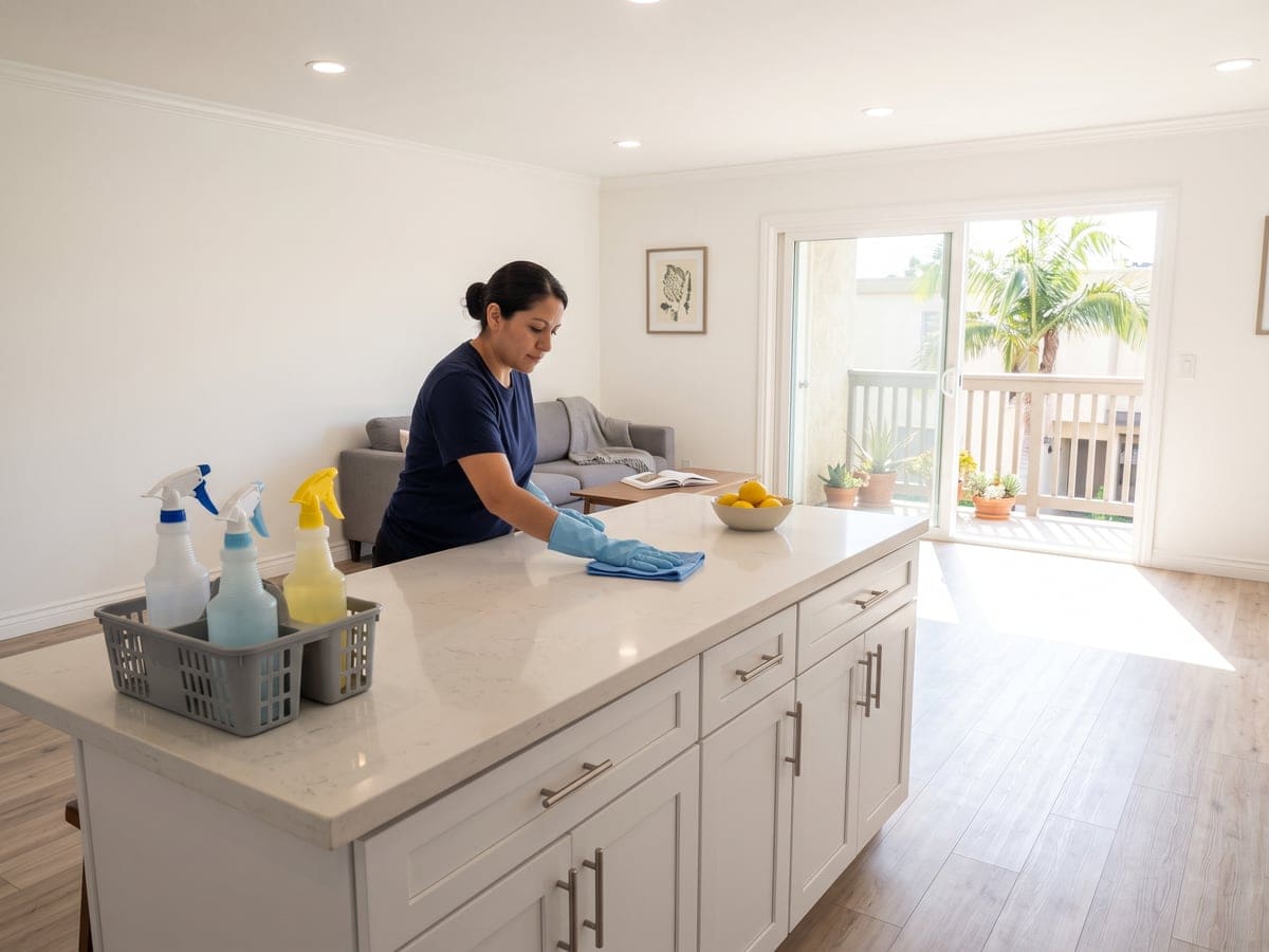 A cleaner wipes the quartz island of a bright San Diego condo with a folded blue cloth on a house cleaning visit, a caddy of spray bottles at one end and the sliding door open to a sunny balcony.