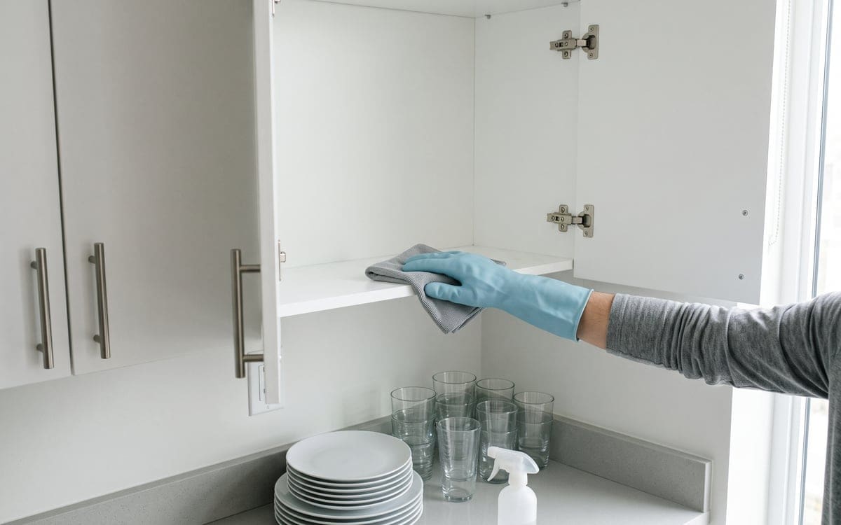 With the plates and glasses stacked on the counter below, a gloved hand wipes the shelf of an emptied upper kitchen cabinet on a deep cleaning service visit.