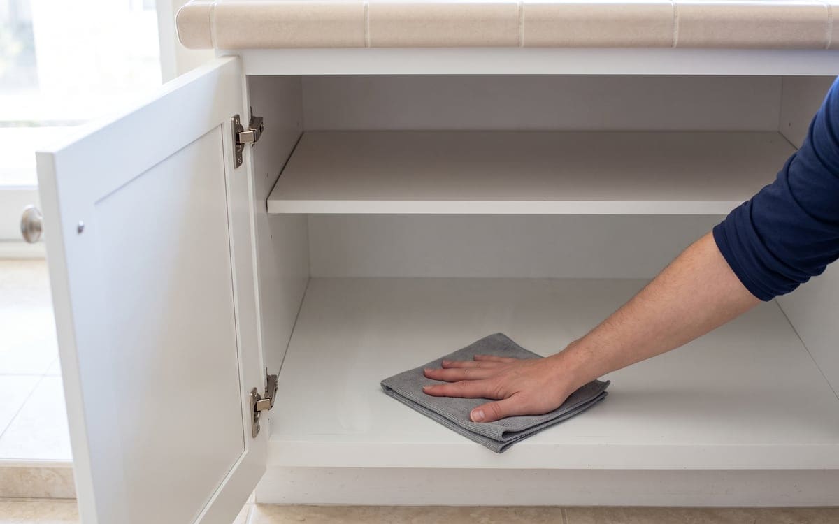 Inside an emptied lower kitchen cabinet, a bare hand wipes the bottom shelf with a gray microfiber cloth during move out cleaning, the door swung open under a tiled counter.