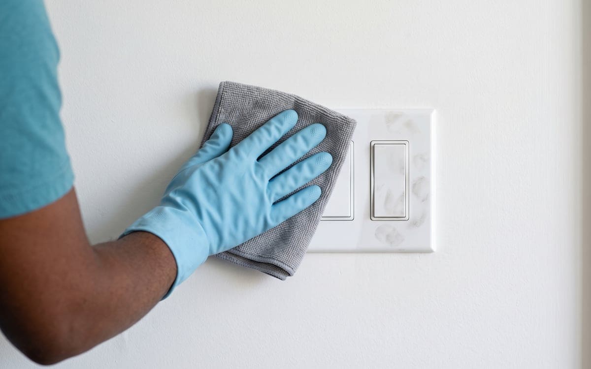 A gloved hand wipes the fingerprints off a two-gang light switch plate with a gray cloth during house cleaning.