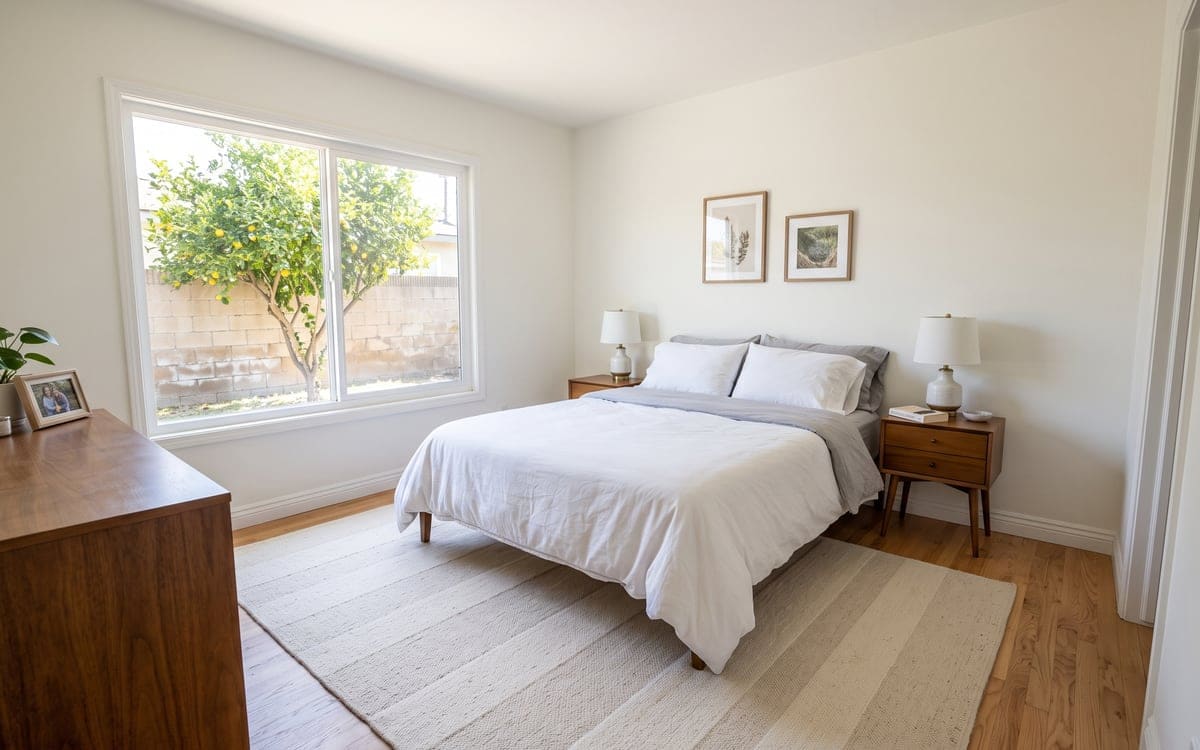 A bedroom after maid service, with the bed made in white and gray between two walnut nightstands and a lemon tree outside the wide window.