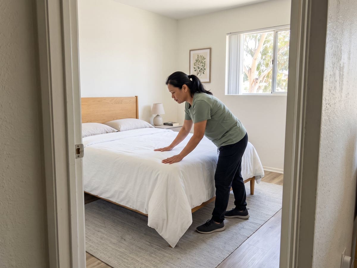 Seen through a bedroom doorway on a San Diego maid service visit, a cleaner smooths a white duvet over a light wood bed, a lamp on the nightstand and a tree outside the window.