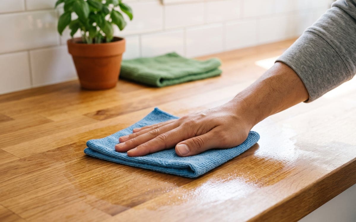 On a green cleaning service visit, a bare hand wipes a butcher block counter with a damp blue microfiber cloth beside a pot of basil.