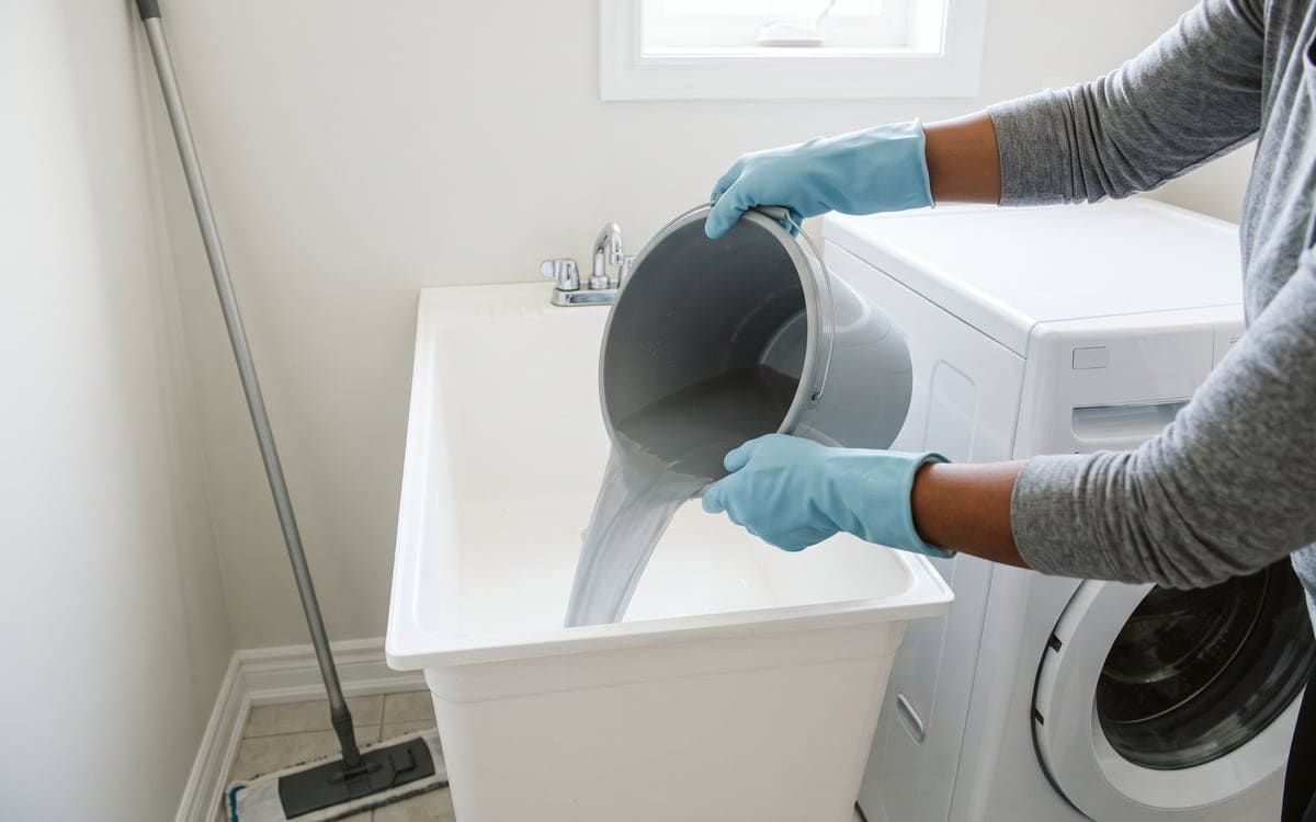 Gloved hands tip a bucket of gray mop water into a laundry room utility sink during house cleaning, with a flat mop leaning against the wall beside it.