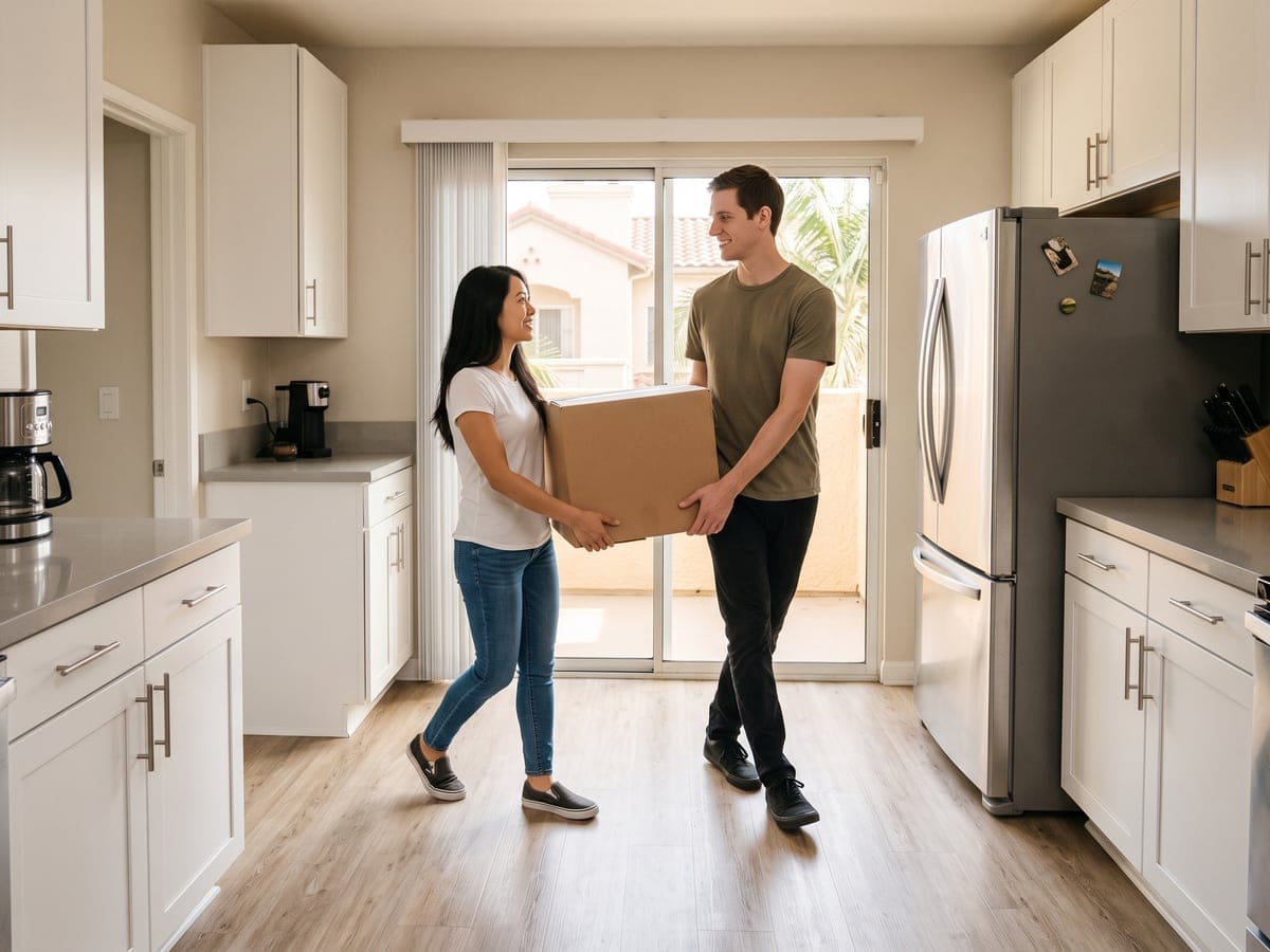 After move in cleaning, a couple carries a moving box together into a bright San Diego kitchen, white cabinets on both sides and a sliding door to the patio behind them.