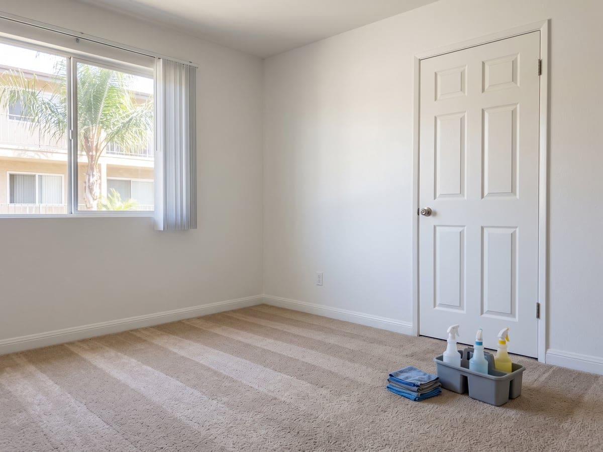 Move out cleaning finished in an empty San Diego apartment bedroom. Fresh vacuum lines cross the carpet, and a caddy sits by the closed door with folded blue cloths.