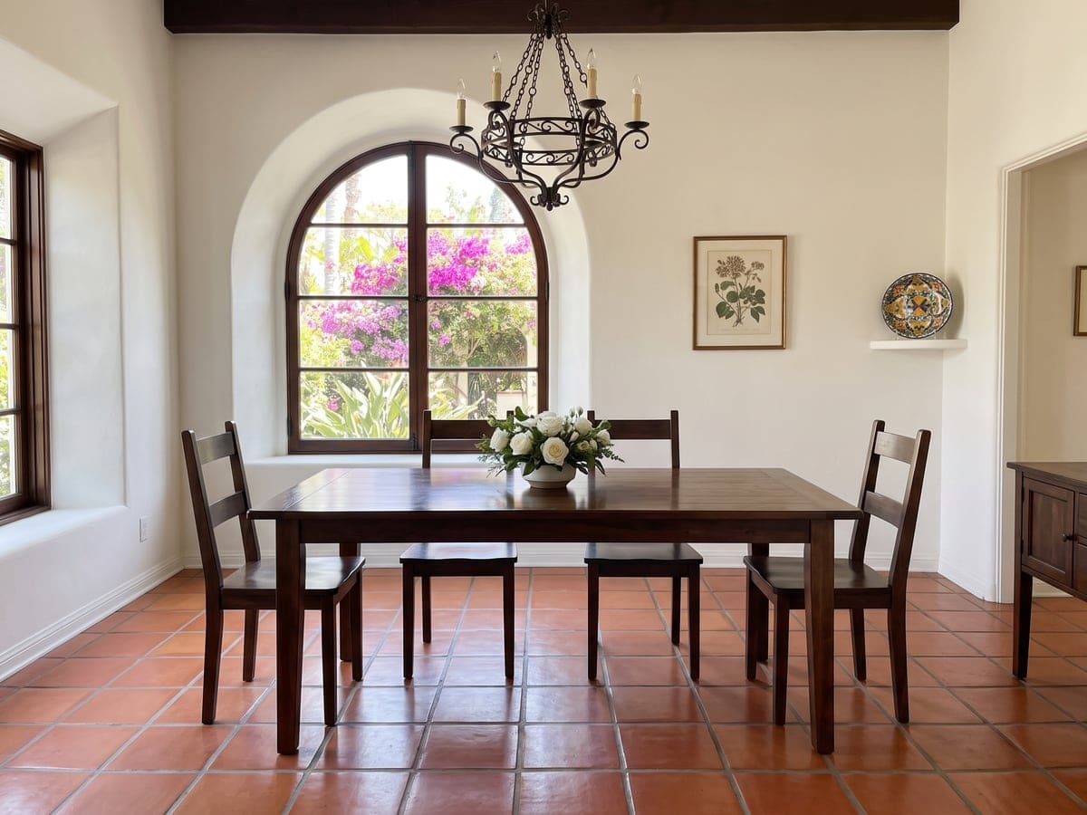 A Spanish revival dining room in San Diego after a one time cleaning service, four ladder-back chairs squared to the wood table and bougainvillea blooming past the arched window.