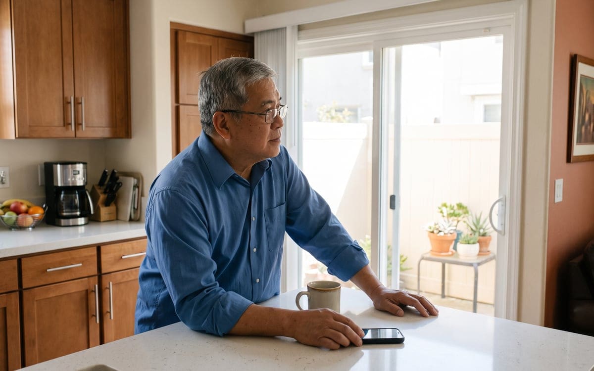 A resident leans on a white kitchen counter with one hand on his phone and a mug beside it, looking out a sliding door at potted succulents on the patio.
