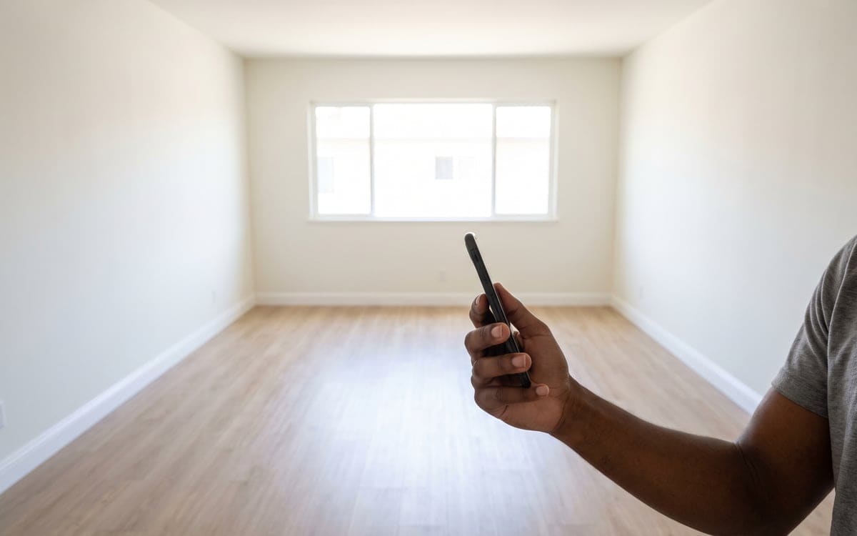 A renter holds up a phone in an empty room, bare white walls and plank floors running to a wide window.