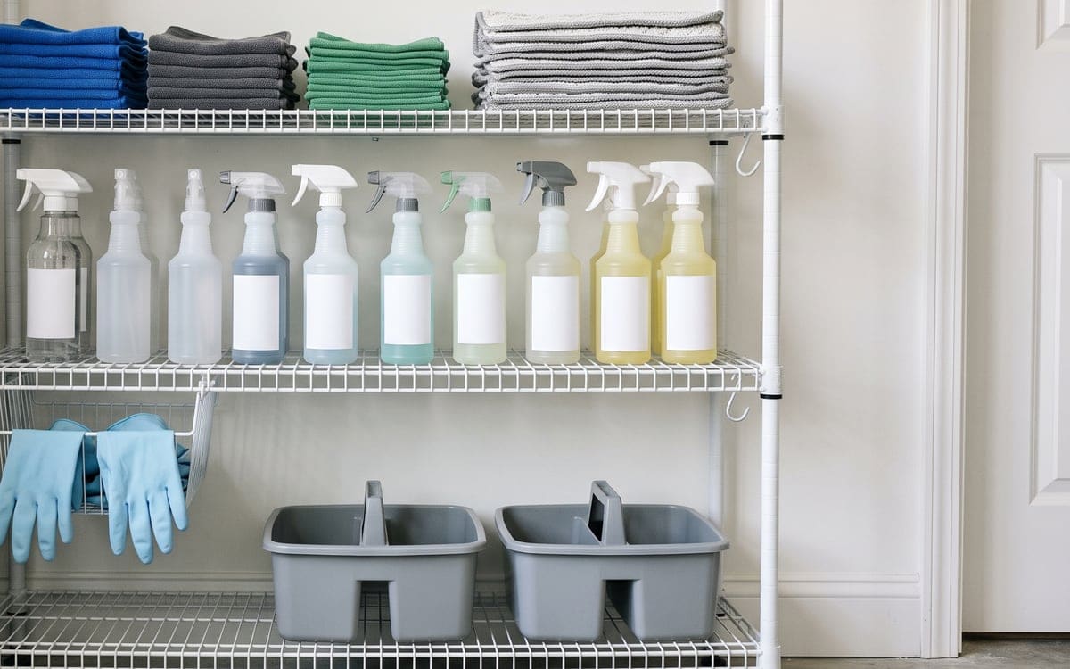 A house cleaning company's supply shelf with microfiber cloths stacked by color, a row of plain spray bottles with blank labels, blue gloves and two empty caddies.