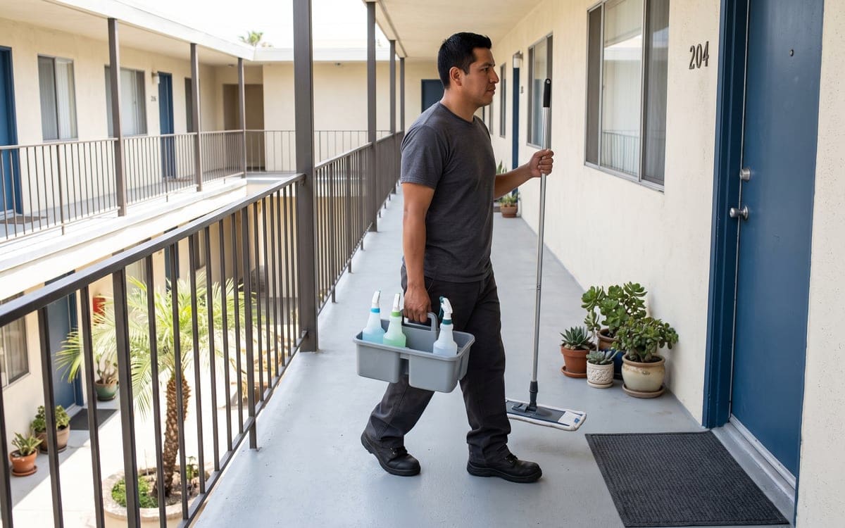 Carrying a caddy and a flat mop, a cleaner heads along the second-floor walkway of a stucco building on an apartment cleaning service visit, potted succulents beside a blue door.