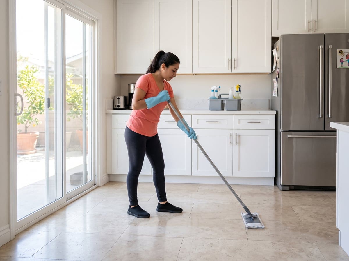 Weekly cleaning service in a San Diego kitchen, a cleaner running a flat mop across the beige tile floor while potted citrus trees stand outside the sliding glass door.