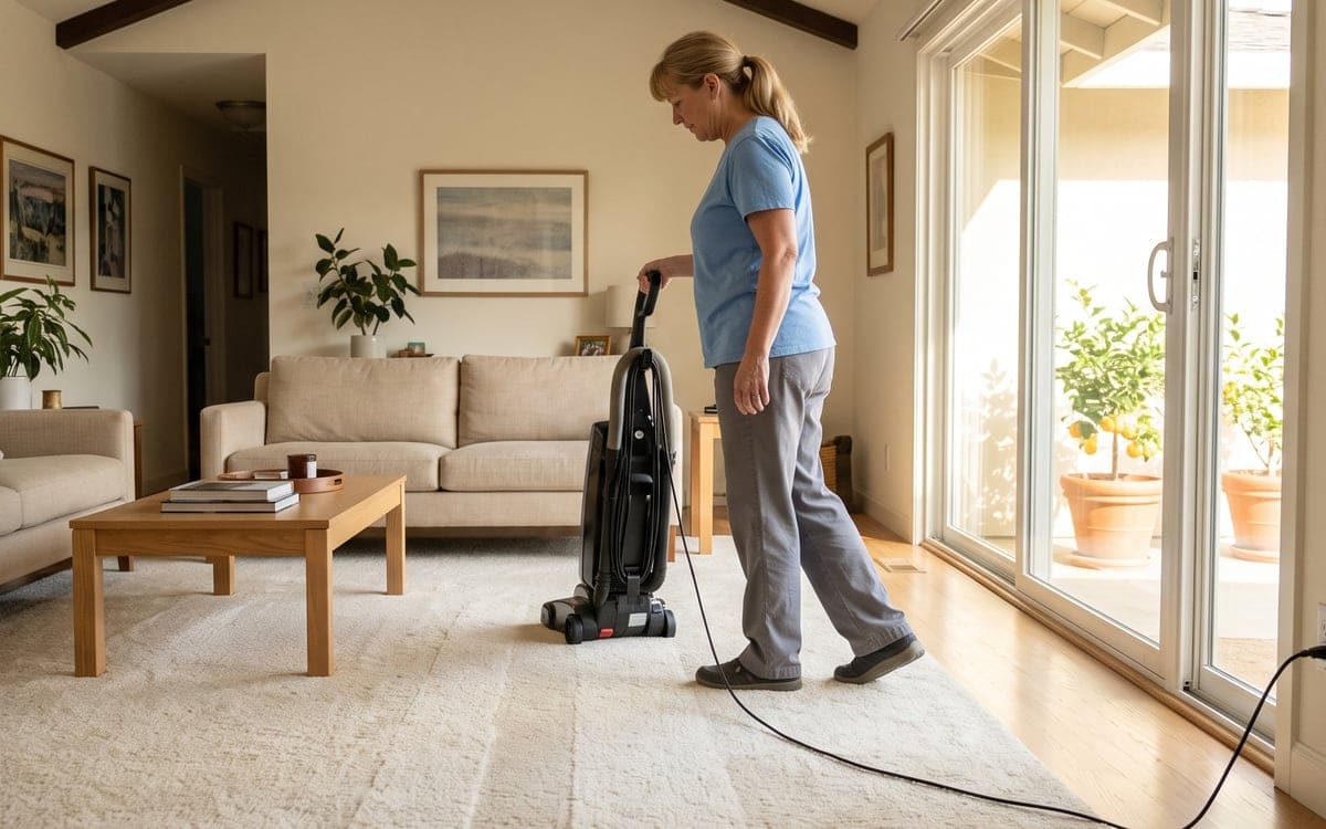 A cleaner pushes an upright vacuum over the cream rug during a house cleaning in a San Diego living room, its cord trailing toward the sliding door.